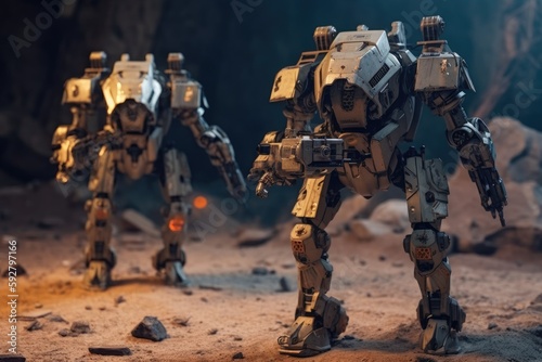 Soldier in combat gear or a robot with artificial intelligence, combat suit, war zone and war weapon, fictional location, Generative AI