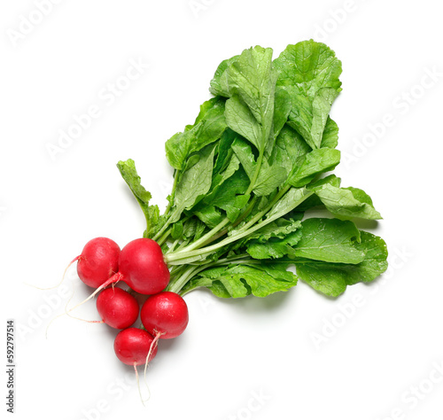 Bunch of fresh radish with green leaves isolated on white background
