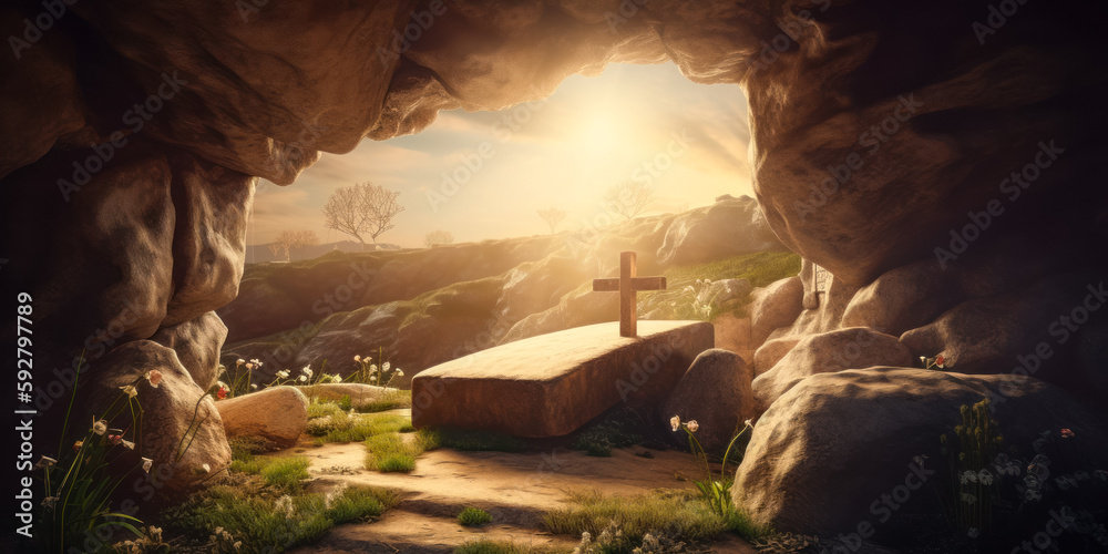 Tomb Empty With Shroud And Crucifixion At Sunrise. Resurrection Of ...