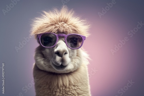 Funny cute alpaca in sunglasses with happy emotion. AI generated, human enhanced