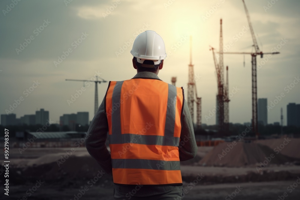 Civil engineer from the back, construction area in the background. Generative AI Civil engineer from the back, construction area in the background. Generative AI
