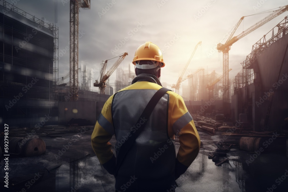 Civil engineer from the back, construction area in the background. Generative AI