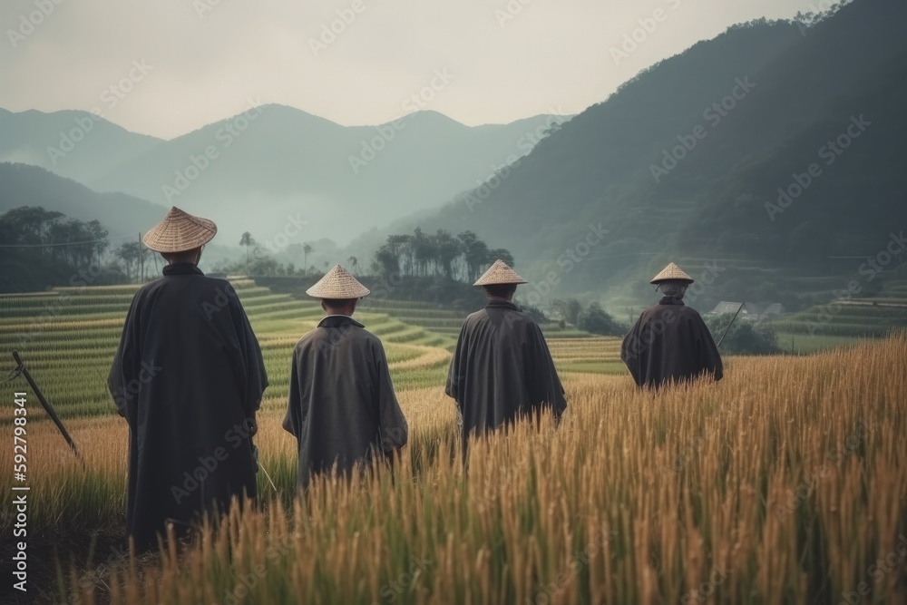 Oriental workers in a rice field. Generative AI