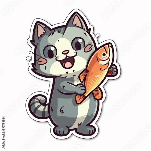 cat, sticker or tatto descat holding a fish n sticker stile