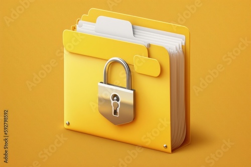 File folder and padlock illustration, privacy concept, yellow background. Generative AI