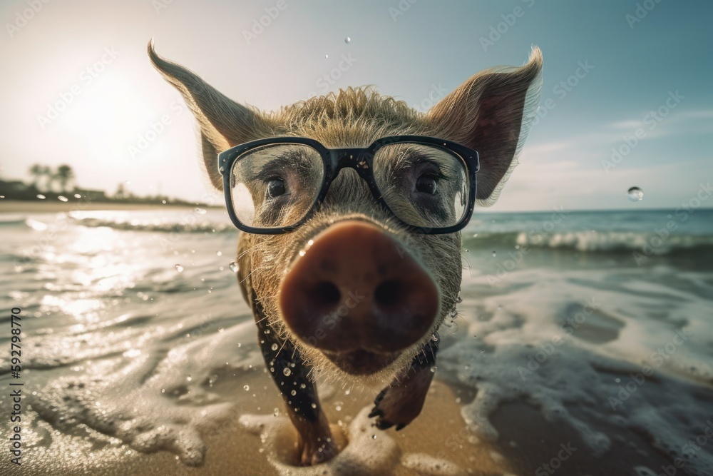Anthropomorphic hipster pig on the sea beach. AI generated, human enhanced