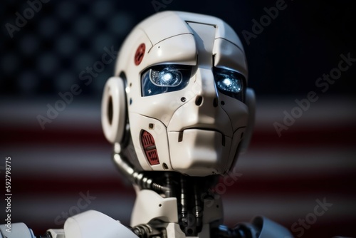 A robot with artificial intelligence on neural networks on a blurred background of the US flag. AI generated