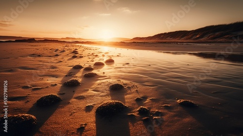 A photograph of a beach at sunset, featuring warm, golden light and long shadows. AI generative