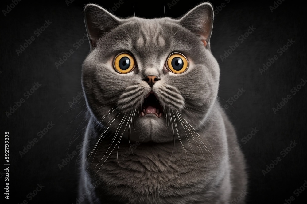 Amusing Cat Portrait on Dark Background, Expressing Surprise. AI
