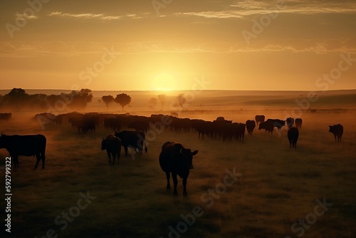 cows in a field at sunset © Artem