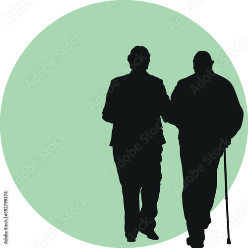 Silueta de pareja de ancianos en fondo circular verde