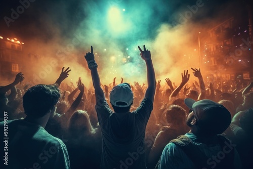 Open air concert, crowd partying stage lights live concert summer music festival. AI generated, human enhanced