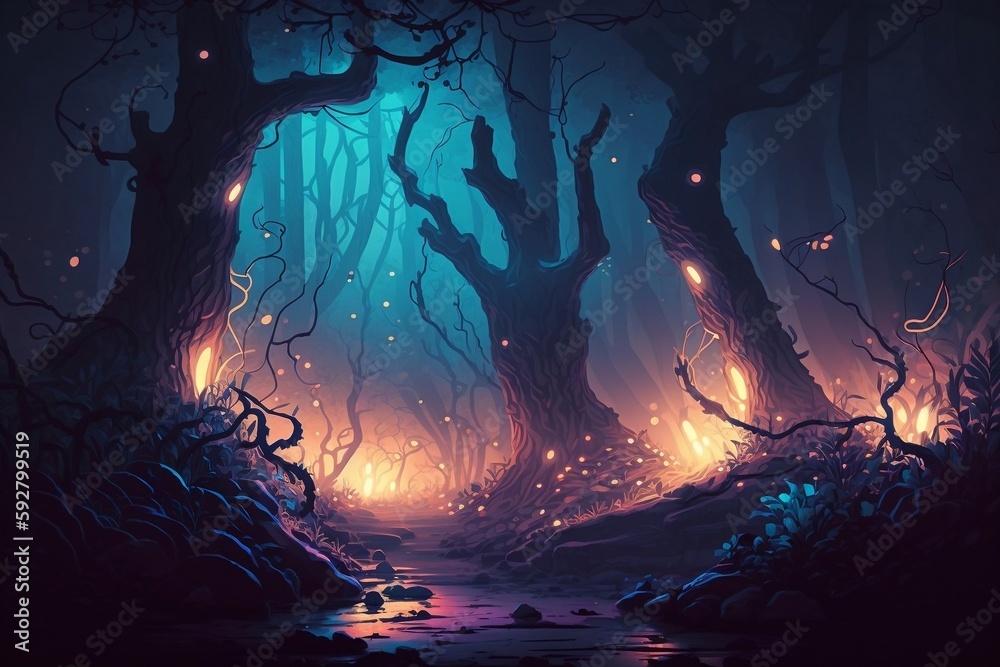 Close-up of a dark and enchanted forest with glowing lights. AI