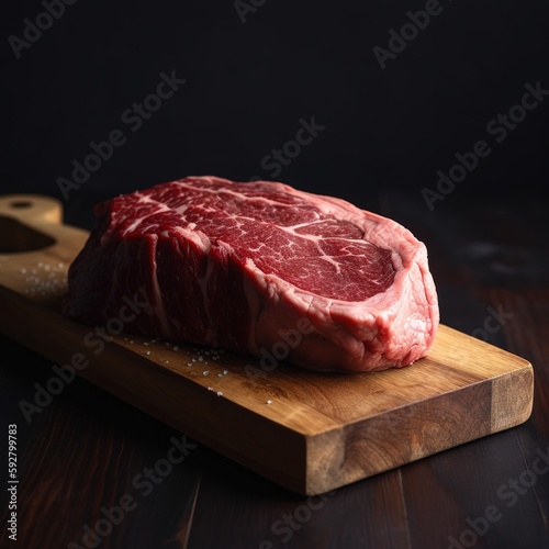 Ribeye steak on wooden board. Generative AI