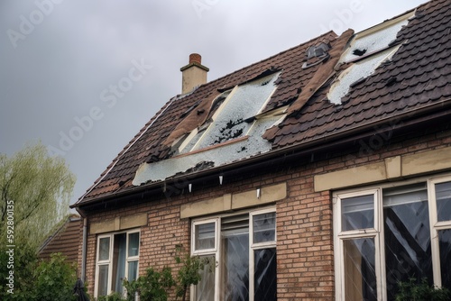 roofs and windows of houses being damaged by hail and high winds, created with generative ai