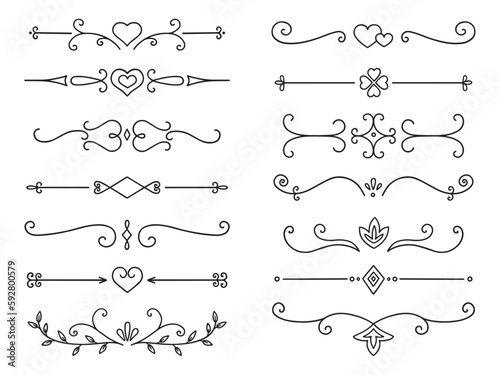 Text dividers doodle set. Wedding decorative elements with leaves, swirls, hearts. Divider ornament, borders, lines. Hand drawn vector illustration isolated on white background