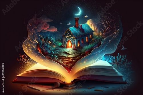 A illustration of a magical book containing fantastical stories. AI