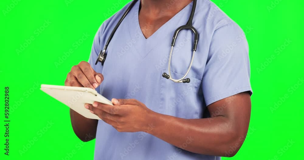 Black man, doctor hands and tablet on green screen, health and digital results on studio background. Male surgeon typing, tech and healthcare with medicine, online or electronic hospital schedule Black man, doctor hands and tablet on green screen, health and digital results on studio background. Male surgeon typing, tech and healthcare with medicine, online or electronic hospital schedule