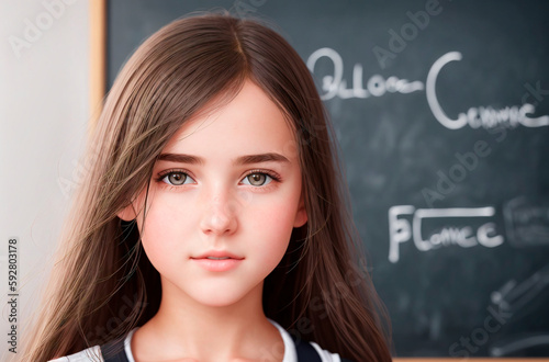 Schoolgirl. Beautiful girl in school uniform near blackboard. Generative AI.