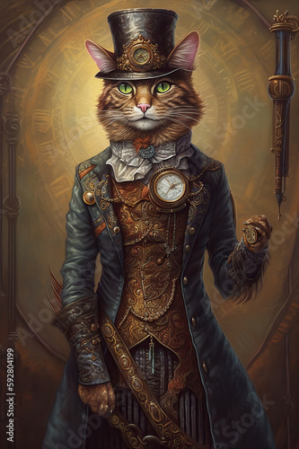 Steampunk Cat. AI generated Illustration.