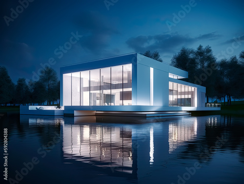 Modern and white house in front of a pool, dark reflections, luminous atmosphere. Generative Ai. © Saulo Collado