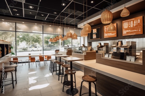 fast-food restaurant with modern interior design, lighting and seating, created with generative ai