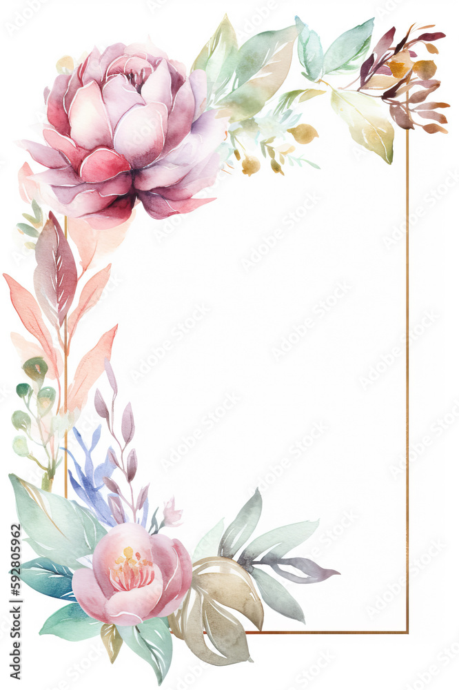 Floral Frame. Watercolor Invitation Design. AI generated Illustration.