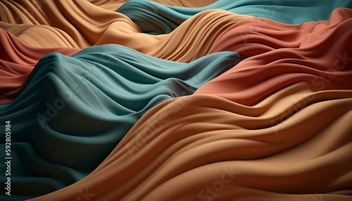 Spectacular photograph of bright colorful fabric that simulates sand dunes, detailed in fabric texture, Generative IA