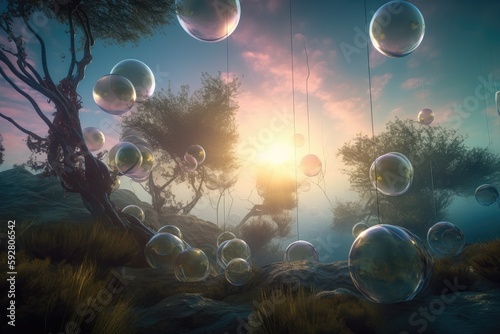 Obraz na plátně dreamlike scene of a surreal landscape with floating orbs of light, created with