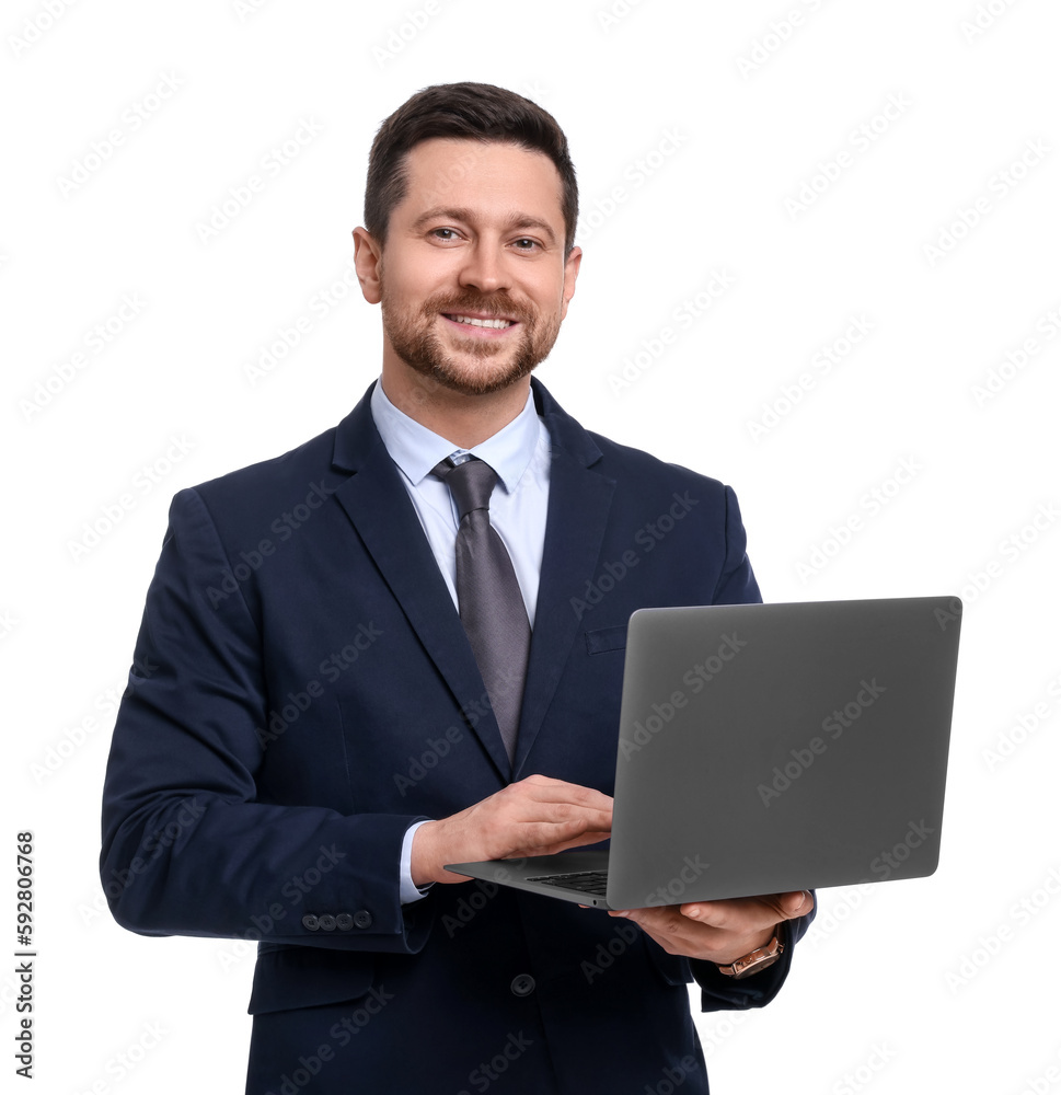 Handsome bearded businessman in suit with laptop on white background Handsome bearded businessman in suit with laptop on white background