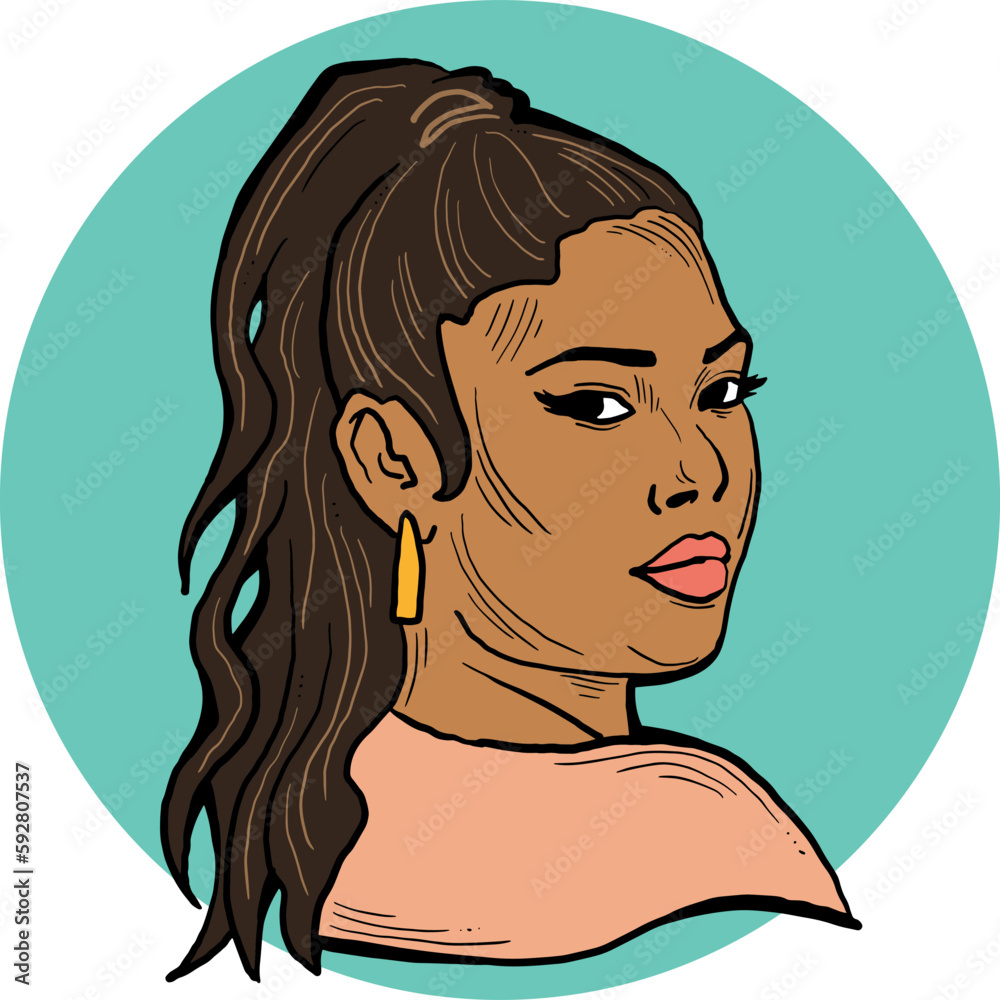 Beautiful young black woman smiling with white teeth. Model girl for beauty salon, hairdressing, cosmetic shop. Girl with long dark hair and big eyes. Hand drawn illustration. Cartoon style drawing. Beautiful young black woman smiling with white teeth. Model girl for beauty salon, hairdressing, cosmetic shop. Girl with long dark hair and big eyes. Hand drawn illustration. Cartoon style drawing.