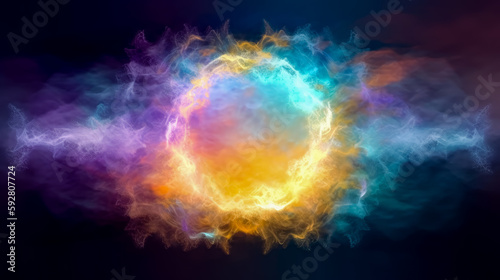 Neon circle clouds with stars and moon, style of abstract colorist, misty atmosphere, color splash. Generative Ai.