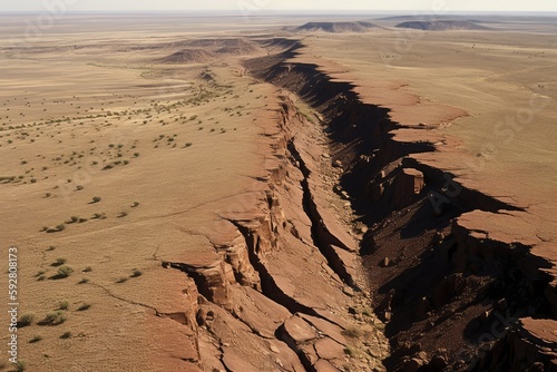 horizontal fault line slicing through earth's surface, with visible cracks and fissures, created with generative ai