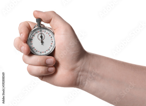 Man holding vintage timer on white background, closeup