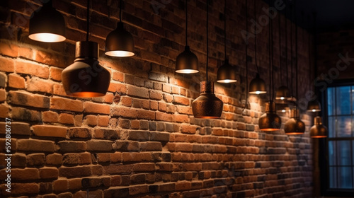 Many pendant lamps against red brick wall Generative AI