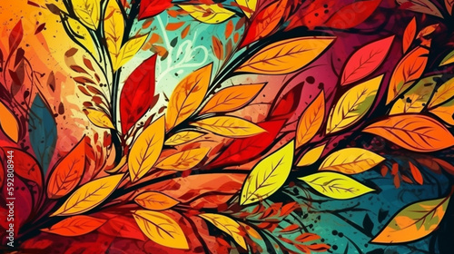 Abstract background with leaf and floral ornaments, colorful and vivid Generative AI