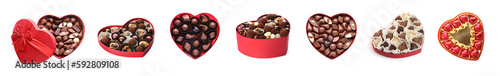 Many heart shaped boxes with tasty chocolate candies on white background, collage design