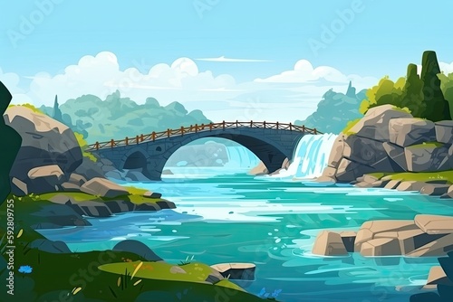 picturesque bridge spanning over a tranquil river. Generative AI
