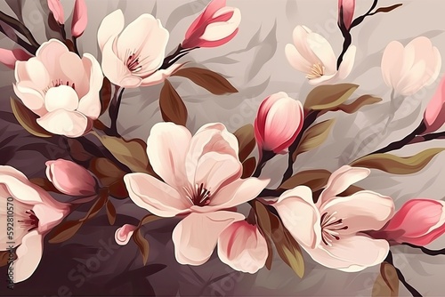 pink flowers on a gray background. Generative AI
