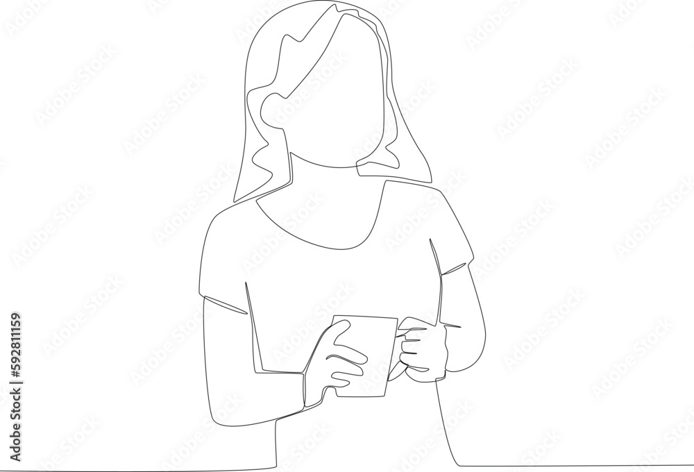 A woman had breakfast with a glass of milk. Breakfast one-line drawing A woman had breakfast with a glass of milk. Breakfast one-line drawing