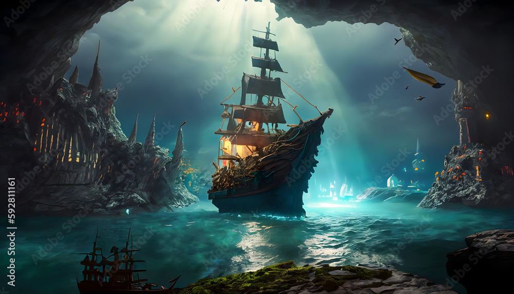 Fototapeta premium cave in the ship in the sea,an underground ocean, a pirate ship in the foreground, fantasy city on island in the distance as focal point, dark colors, realistic, nighttime, stone ceiling, glowing