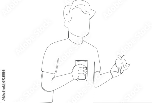 A man had breakfast with an apple and a glass of water. Breakfast one-line drawing