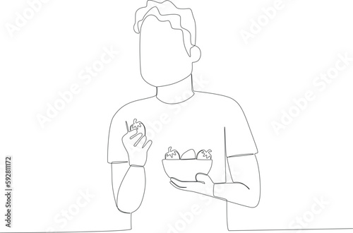 A young man had breakfast with fruit . Breakfast one-line drawing