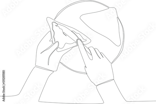 A woman having breakfast with bread and jam. Breakfast one-line drawing