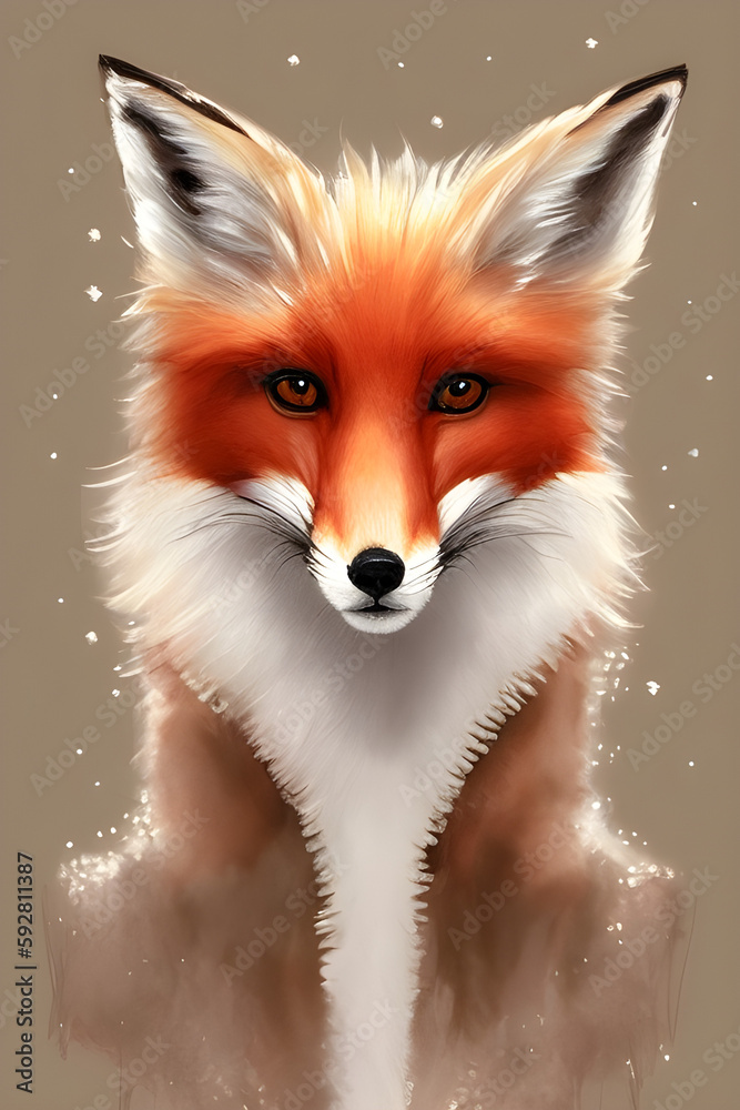 Fototapeta premium portrait of a red fox in winter on a light background, snow on wool, generative ai