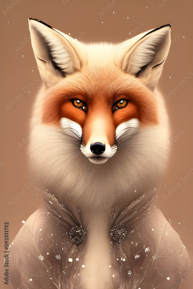 Obraz premium portrait of a red fox in winter on a light background, snow on wool, generative ai