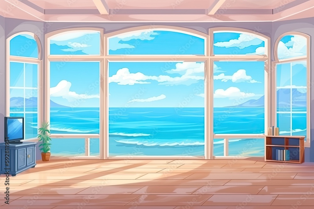 cozy living room with a picturesque ocean view through a large window. Generative AI