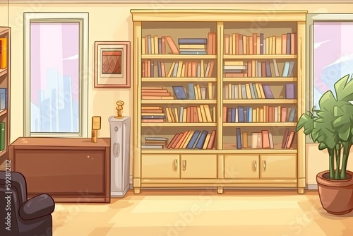 cozy living room filled with a variety of books on a bookshelf. Generative AI