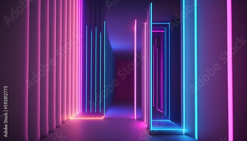 Abstract neon lights background with laser rays  and glowing lines. Generative AI.