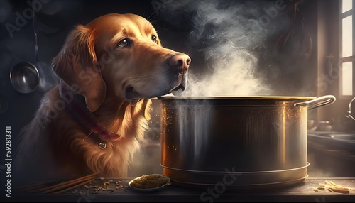 Dog cooking food. Generative AI.